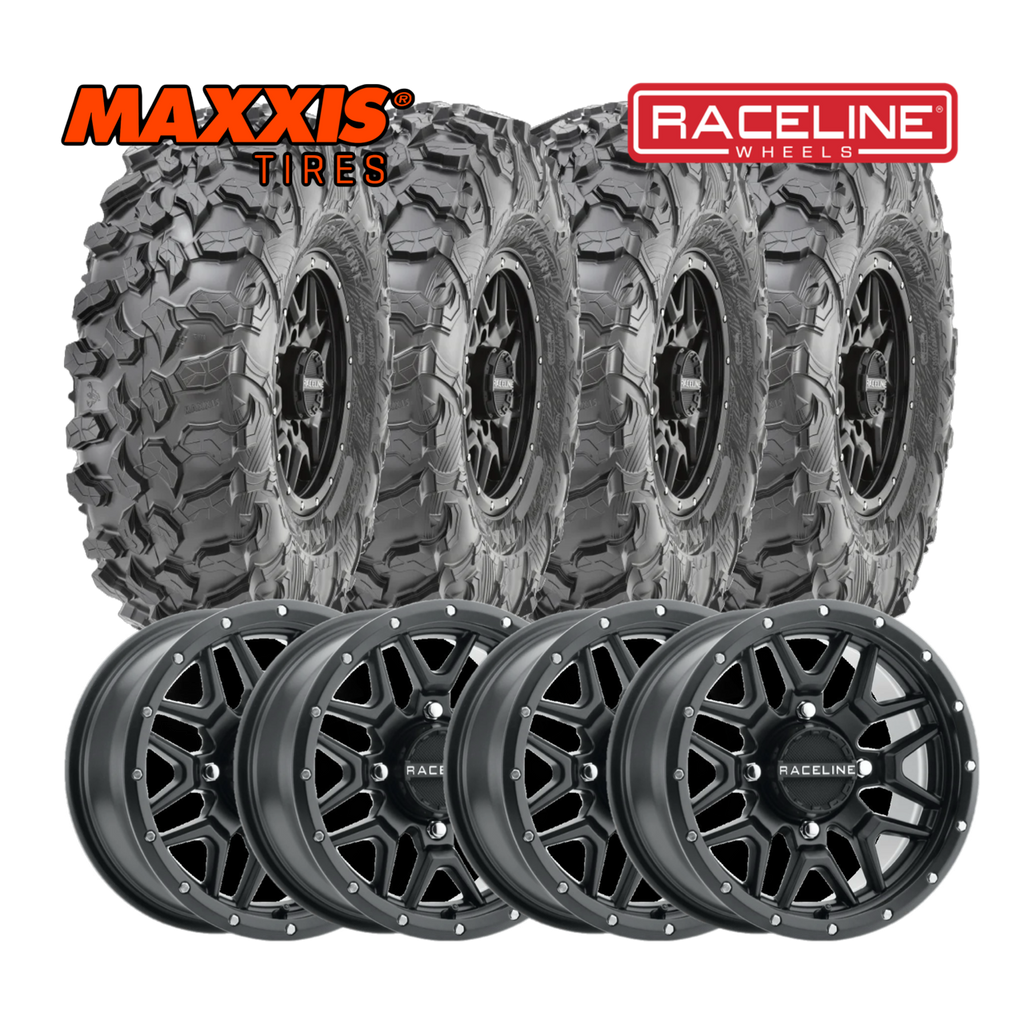 Raceline Krank 15" Wheels Black W/ 35" Carnivore Tires - Kawasaki KRX Package