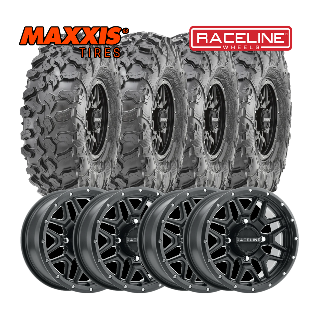 Raceline Krank 15" Wheels Black W/ 33" Carnivore Tires - Kawasaki KRX Package