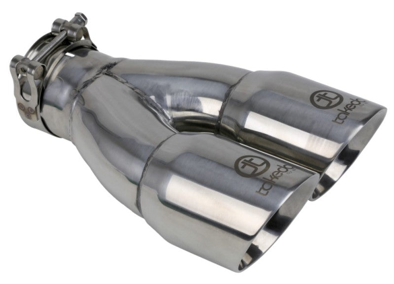 aFe Takeda 2.5in 304 Stainless Steel Clamp-on Exhaust Tip 2.5in Inlet 3in Dual Outlet - Polished