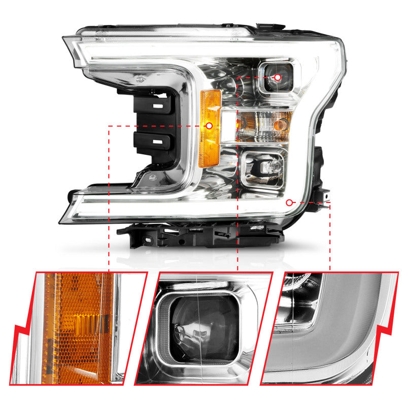 ANZO 18-19 Ford F-150 Projector Headlights w/Plank Style Switchback Chrome w/Amber