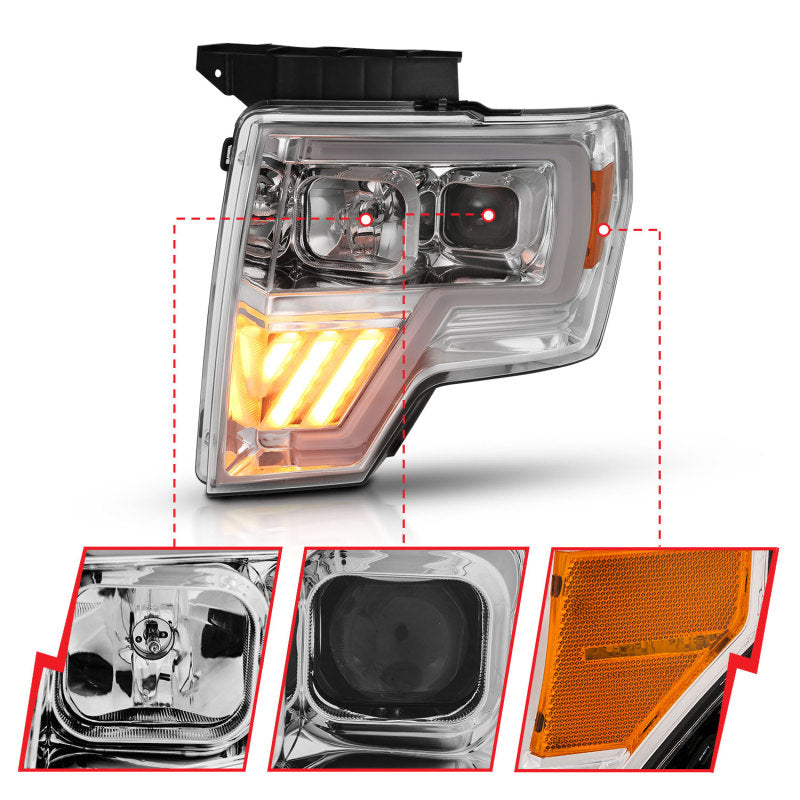 ANZO 2009-2014 Ford F-150 Projector Headlight Chrome Amber