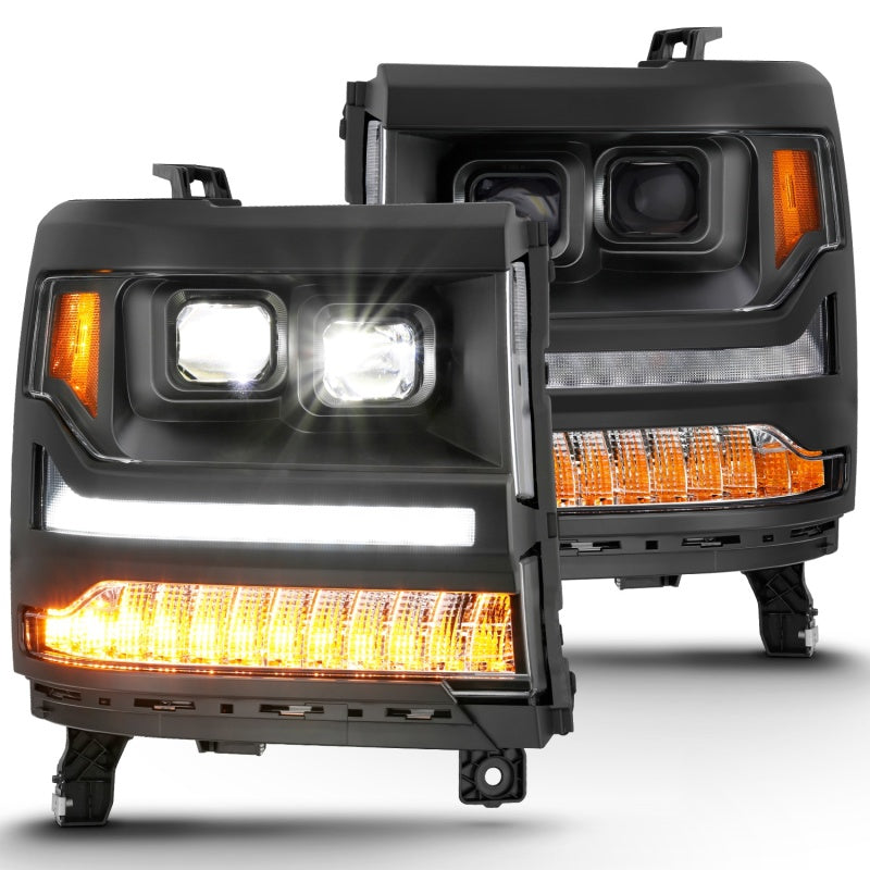 ANZO 16-18 Chevrolet Silverado 1500 LED Projector Headlights w/Plank Style Switchback Black w/ Amber